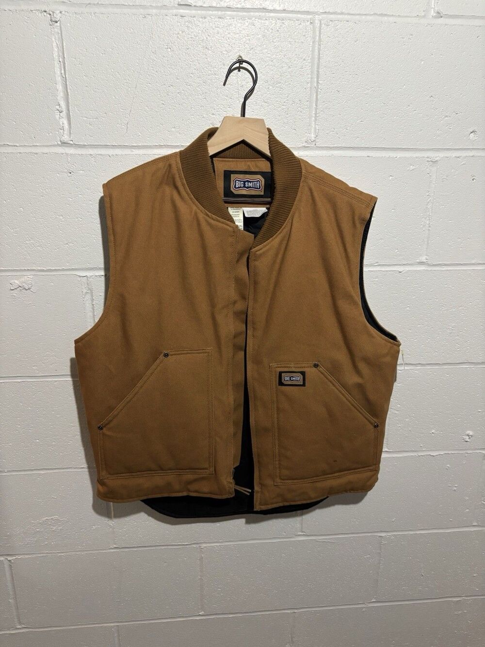 Vintage Big Smith Mens L Workwear Vest Duck Canvas Beige Zip Pockets Insulated